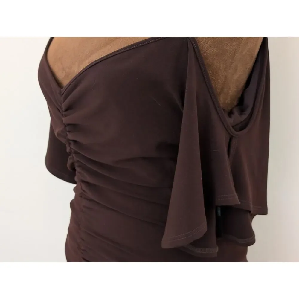 Vintage 90s Laundry by Shelli Segal Brown Ruched Cold Shoulder Midi - 8 - Picture 4 of 10